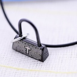 Colar Com Pingente De Titânio Com Cadeado Preto Da Moda Com Versículo Bíblico E Cruz