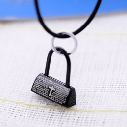 Colar Com Pingente De Titânio Com Cadeado Preto Da Moda Com Versículo Bíblico E Cruz