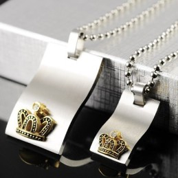 Colares E Pingentes De Titânio Para Amantes De Corações Com Coroa De Ouro