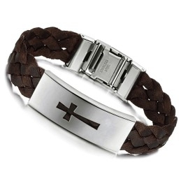 Pulseira De Couro De Titânio Com Cruz Masculina De Qualidade Estável