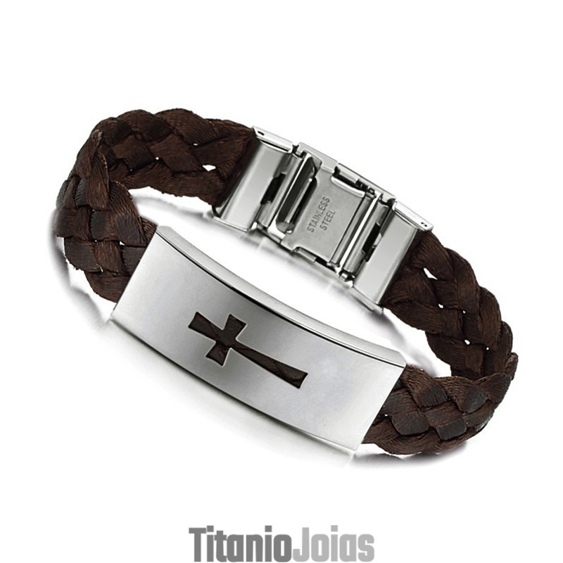 Pulseira De Couro De Titânio Com Cruz Masculina De Qualidade Estável Pulseira De Couro De Titânio Com Cruz Masculina De Qualidade Estável
