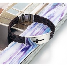 Pulseira De Couro De Titânio Com Cruz Masculina De Qualidade Estável