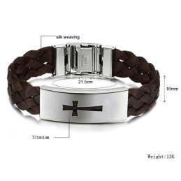 Pulseira De Couro De Titânio Com Cruz Masculina De Qualidade Estável