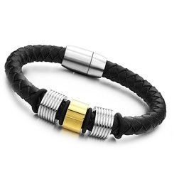Pulseira Masculina De Couro De Titânio Preto Rainha Da Qualidade