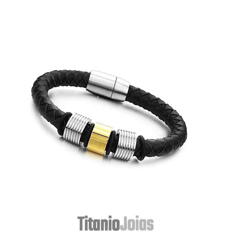 Pulseira Masculina De Couro De Titânio Preto Rainha Da Qualidade
