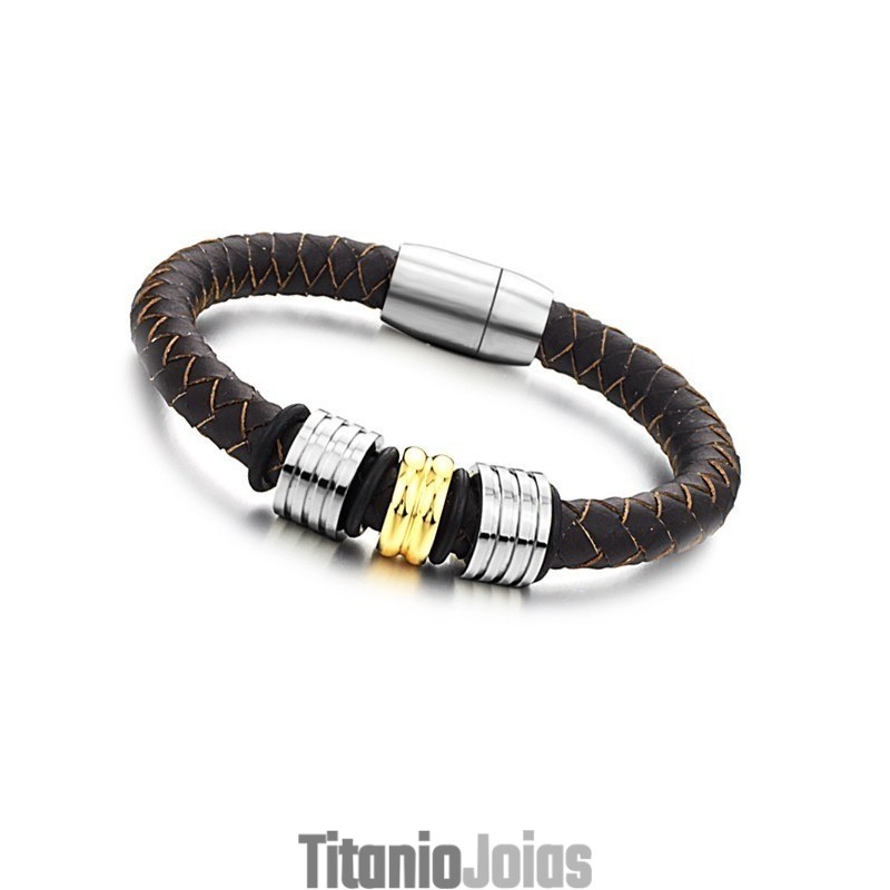 Pulseira De Couro De Titânio Marrom The Queen Of Quality Pulseira De Couro De Titânio Marrom The Queen Of Quality