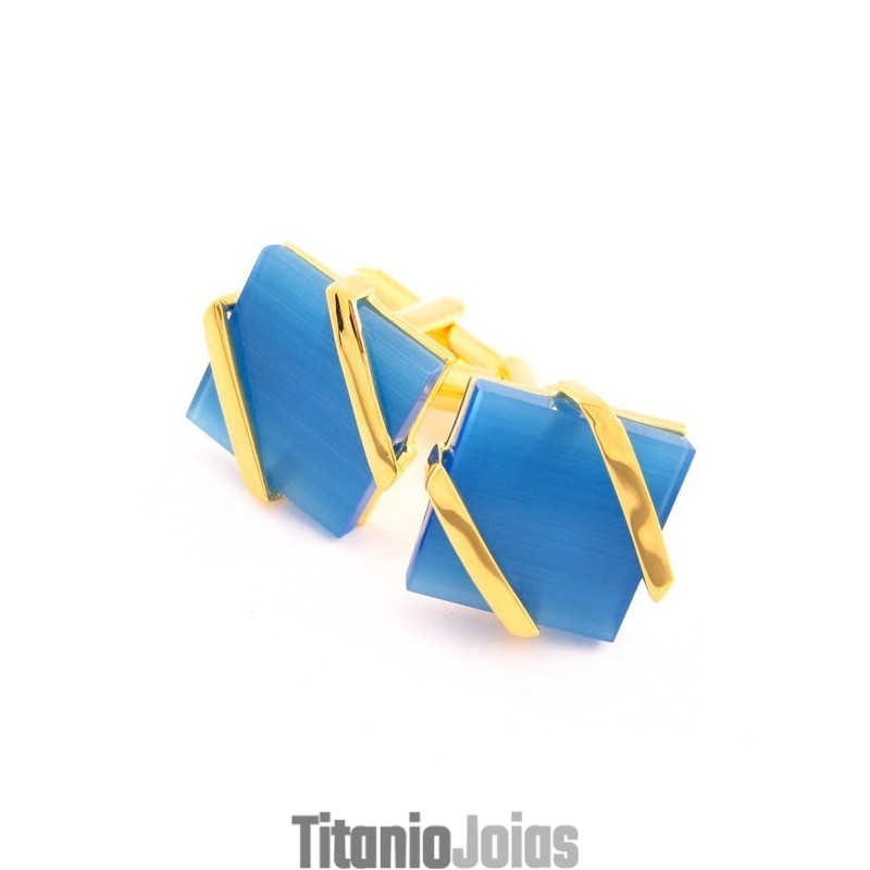 Abotoaduras Banhadas A Titânio E Ouro Com Ágata Azul-Celeste Abotoaduras Banhadas A Titânio E Ouro Com Ágata Azul-Celeste