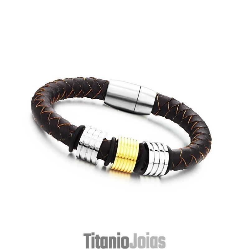 Pulseira Masculina De Couro De Titânio Marrom Fácil De Usar Pulseira Masculina De Couro De Titânio Marrom Fácil De Usar
