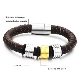 Pulseira Masculina De Couro De Titânio Marrom Fácil De Usar