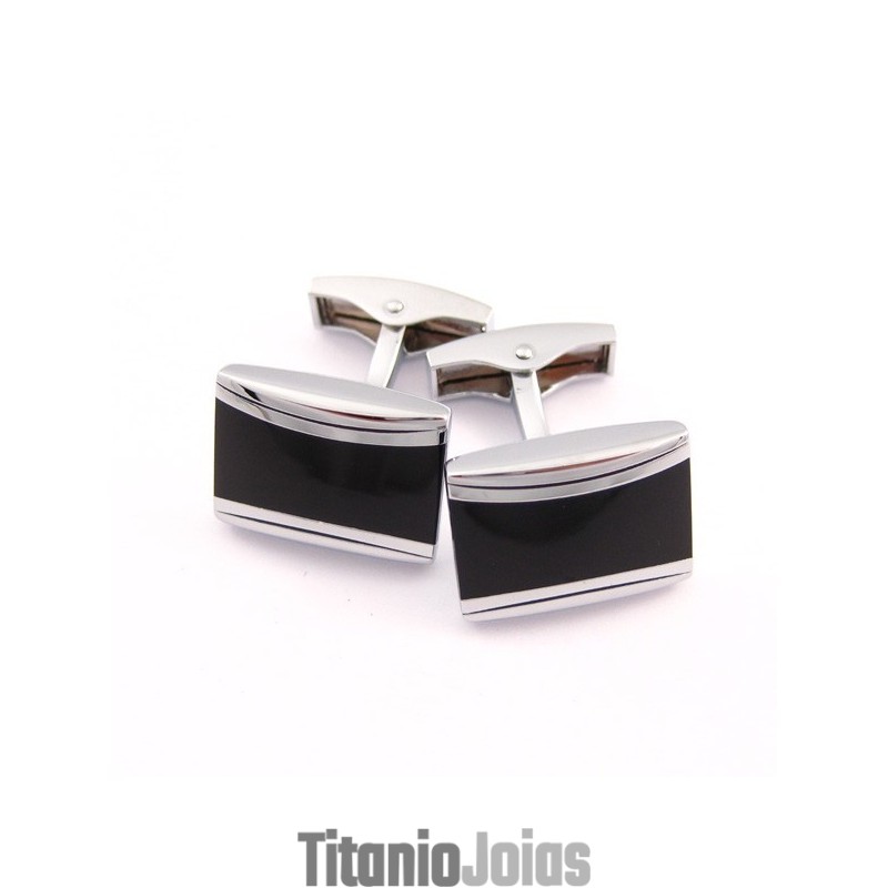 Abotoaduras Oblongas De Titânio E Esmalte Preto