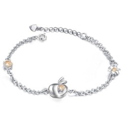 Pulseira Feminina De Titânio Com Banho De Platina E Diamante Em Formato De Maçã