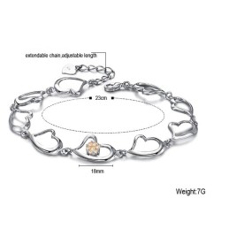 Pulseira Feminina De Titânio Com Banho De Platina E Strass, Modelo Coração, De Renome Mundial
