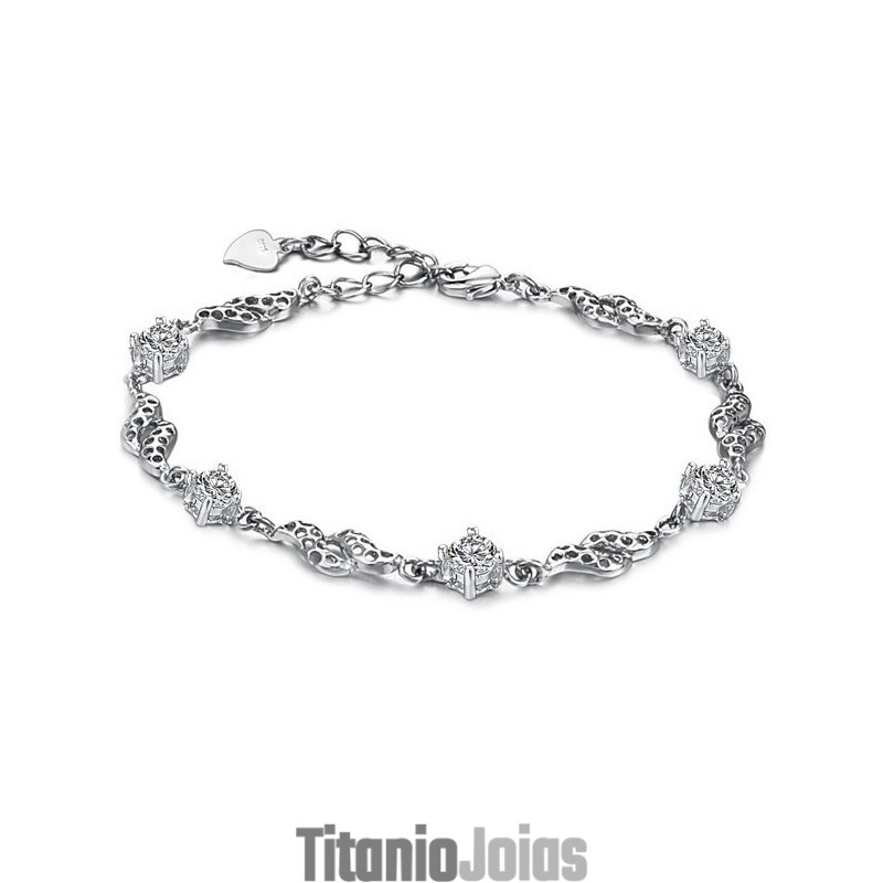 Pulseira Feminina De Titânio Com Revestimento De Platina Vazada De Qualidade Superior Com Strass