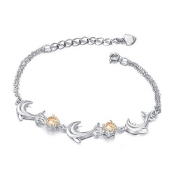 Pulseira De Titânio Banhada A Platina Em Formato De Golfinho Feminino De Alta Qualidade Com Diamante