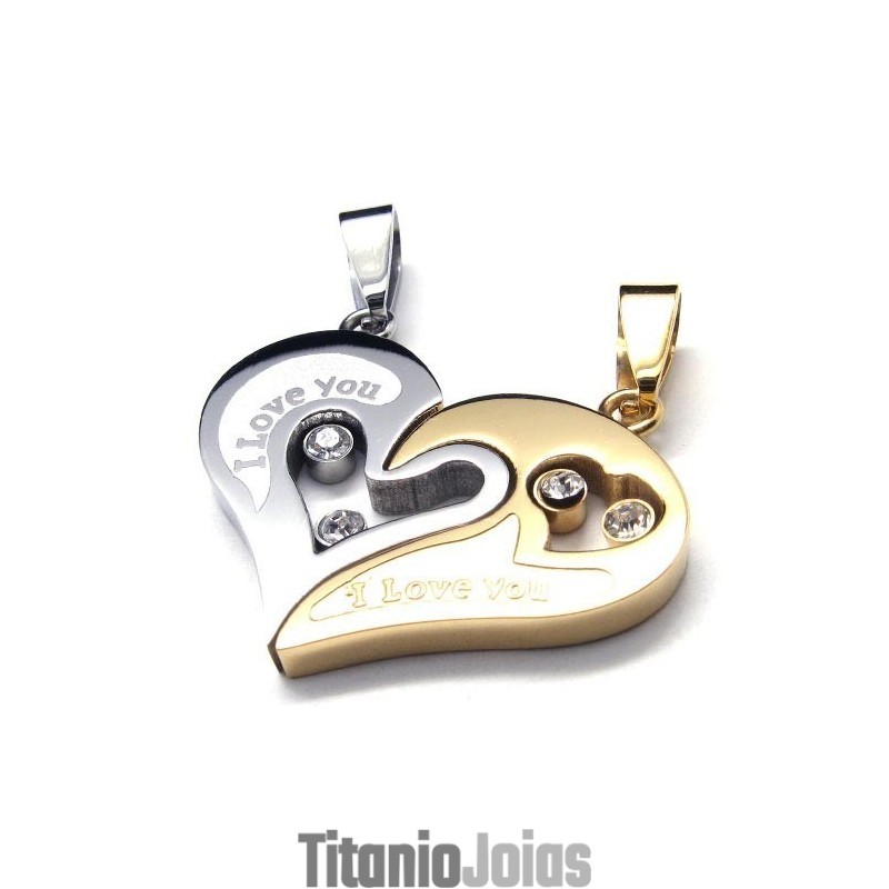 Pingentes De Titânio Com Coração De Casal "Eu Te Amo" - Free Chian Pingentes De Titânio Com Coração De Casal "Eu Te Amo" - Free Chian
