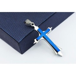 Pingente De Cruz De Titânio Azul Masculino Estiloso - Corrente Grátis