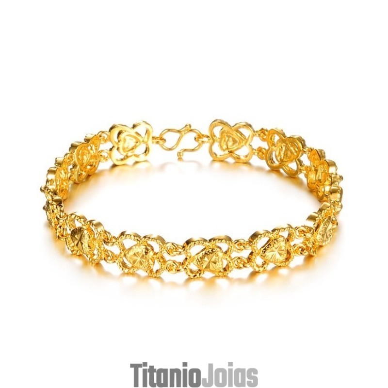 Pulseira Feminina De Alta Qualidade Banhada A Ouro 18K Com Formato De Coração Pulseira Feminina De Alta Qualidade Banhada A Ouro 18K Com Formato De Coração