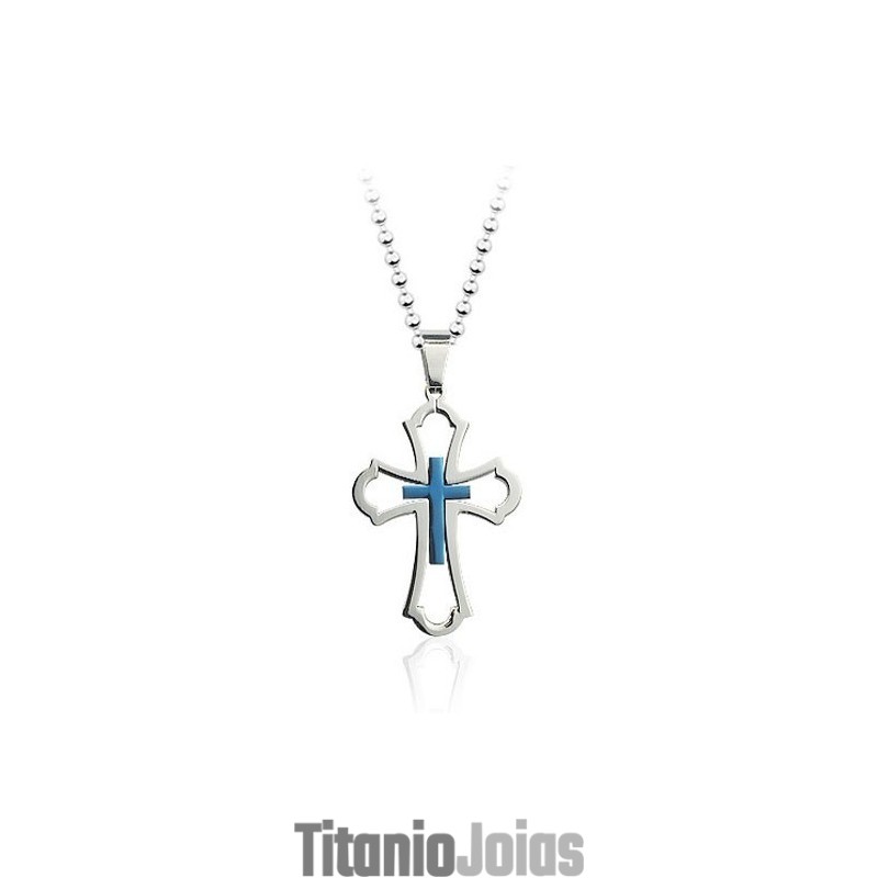 Pingente De Cruz De Titânio Azul Vazado Masculino - Corrente Grátis Pingente De Cruz De Titânio Azul Vazado Masculino - Corrente Grátis