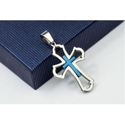 Pingente De Cruz De Titânio Azul Vazado Masculino - Corrente Grátis
