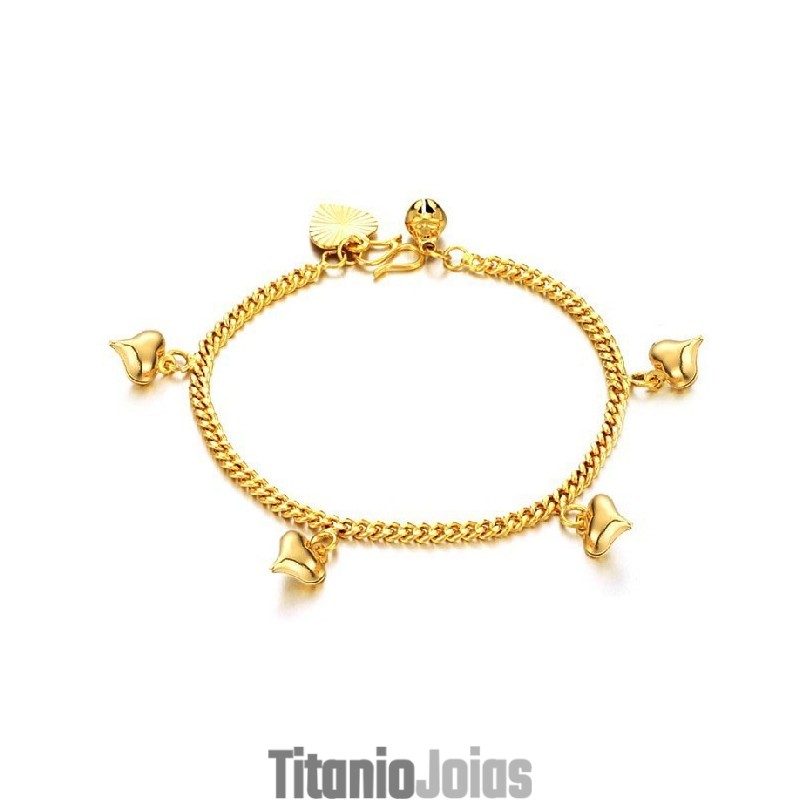 Pulseira Feminina Banhada A Ouro 18K Com Sinos E Formato De Coração, Da Reliable Reputation Pulseira Feminina Banhada A Ouro 18K Com Sinos E Formato De Coração, Da Reliable Reputation