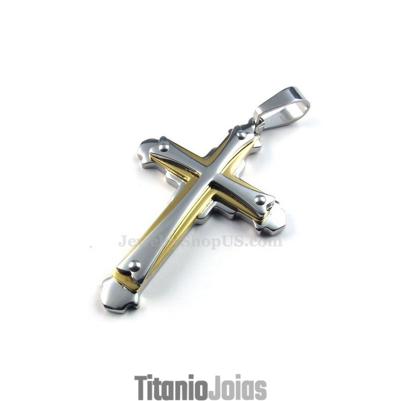 Colar Com Pingente De Três Cruzes Em Titânio E Prata Dourada (Corrente Grátis)