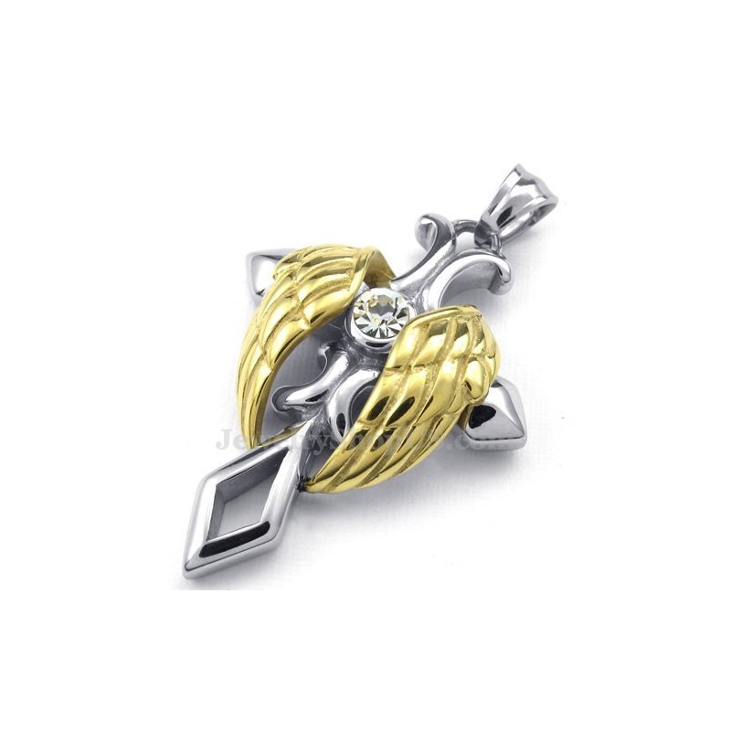 Colar Com Pingente De Cruz De Titânio Com Asas De Anjo Douradas (Corrente Grátis)