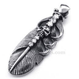Colar Com Pingente De Pena De Titânio Adornado Com Caveira (Corrente Grátis)