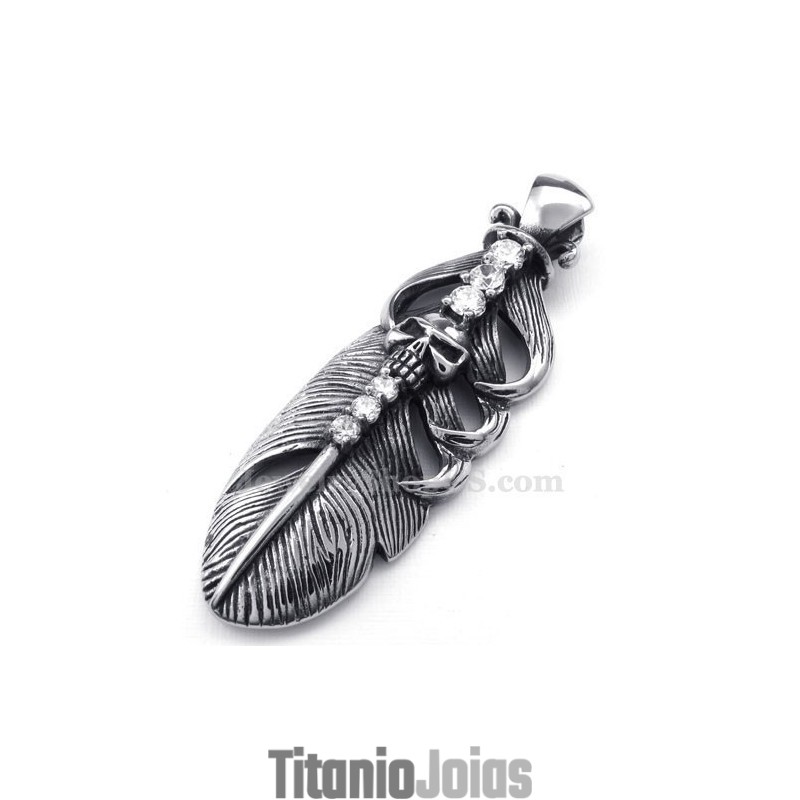 Colar Com Pingente De Pena De Titânio Adornado Com Caveira (Corrente Grátis) Colar Com Pingente De Pena De Titânio Adornado Com Caveira (Corrente Grátis)