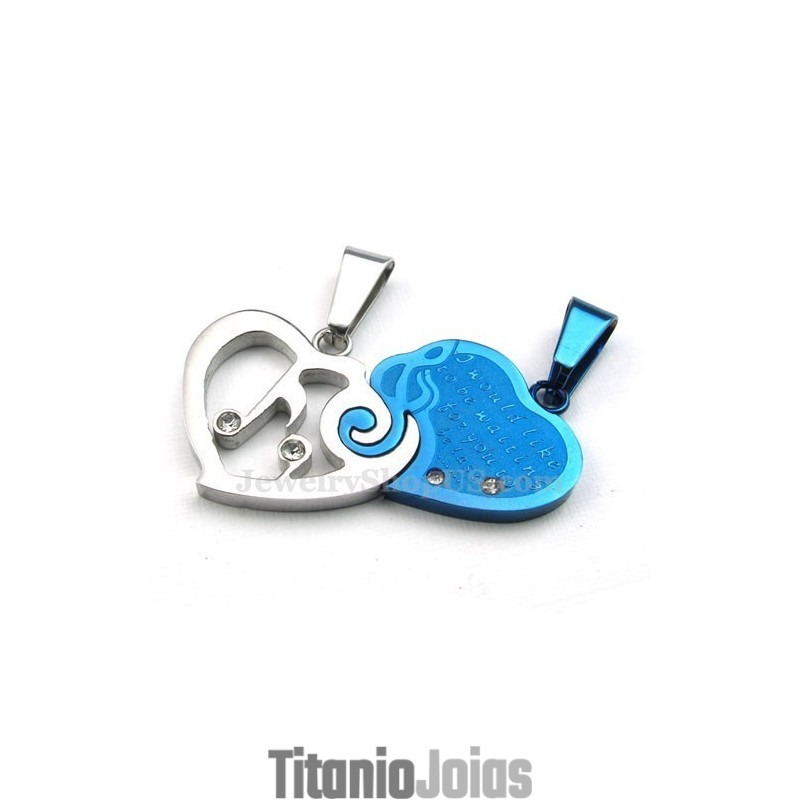 Colar Com Pingente De Corações De Titânio Azul E Prata (Corrente Grátis) (Um Par)