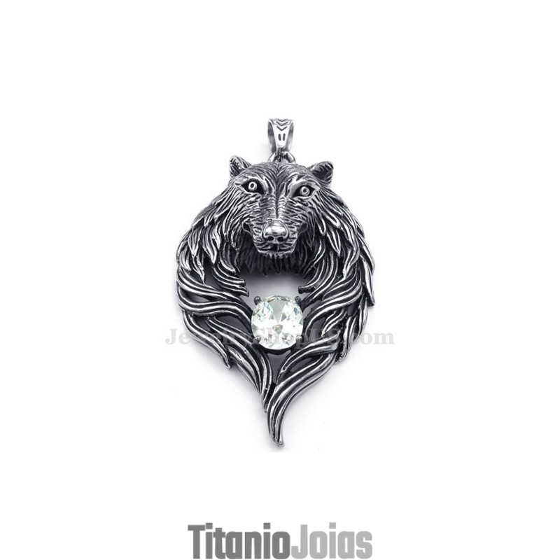 Colar Com Pingente De Lobo Em Titânio E Zircônia Branca (Corrente Grátis) Colar Com Pingente De Lobo Em Titânio E Zircônia Branca (Corrente Grátis)