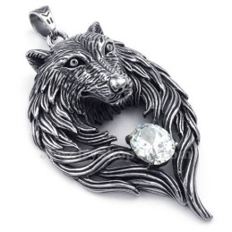 Colar Com Pingente De Lobo Em Titânio E Zircônia Branca (Corrente Grátis)