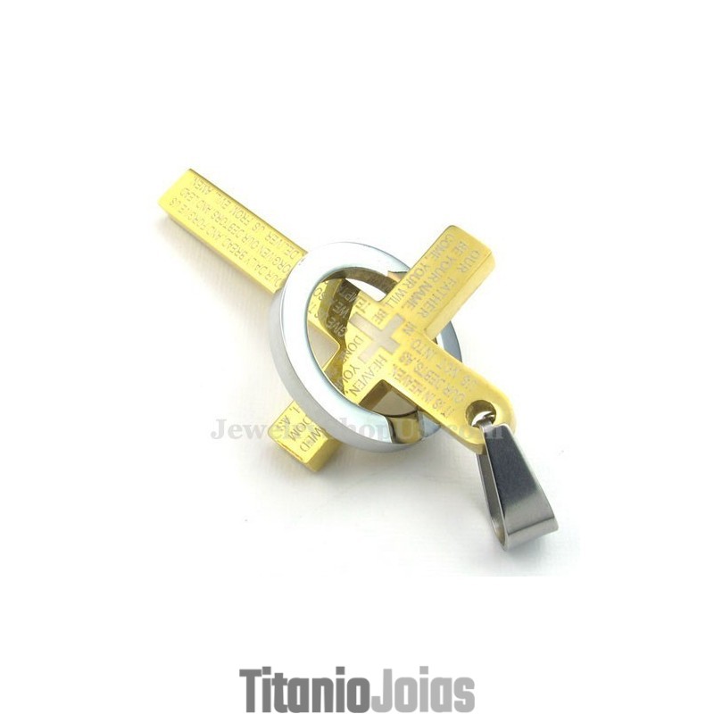 Colar Com Pingente De Cruz Em Titânio E Ouro (Corrente Grátis)
