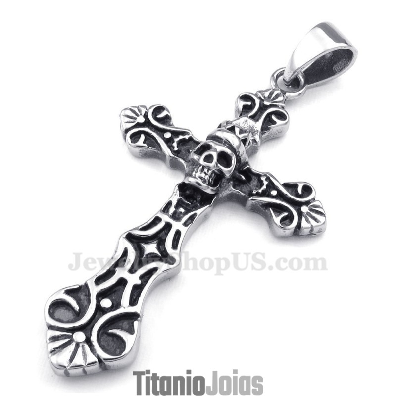 Colar Com Pingente De Cruz De Titânio E Caveira (Corrente Grátis)