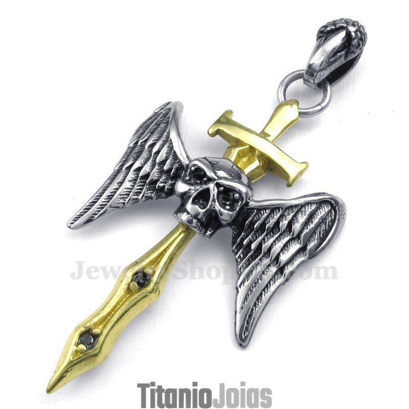 Colar Com Pingente De Cruz De Caveira E Espada Dourada De Titânio (Corrente Grátis) Colar Com Pingente De Cruz De Caveira E Espada Dourada De Titânio (Corrente Grátis)