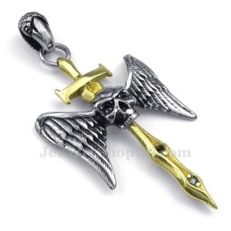 Colar Com Pingente De Cruz De Caveira E Espada Dourada De Titânio (Corrente Grátis)