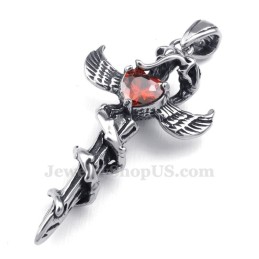 Colar Com Pingente De Cruz De Titânio Com Asas De Espada De Zircônia Vermelha (Corrente Grátis)