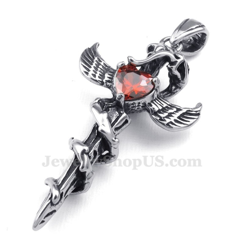 Colar Com Pingente De Cruz De Titânio Com Asas De Espada De Zircônia Vermelha (Corrente Grátis) Colar Com Pingente De Cruz De Titânio Com Asas De Espada De Zircônia Vermelha (Corrente Grátis)