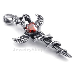 Colar Com Pingente De Cruz De Titânio Com Asas De Espada De Zircônia Vermelha (Corrente Grátis)