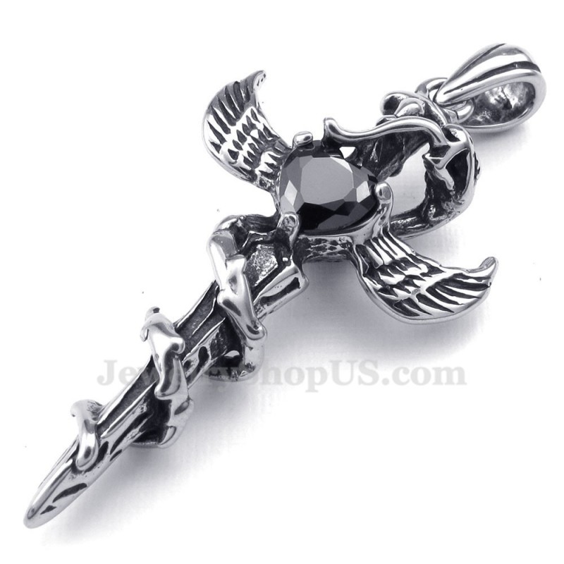 Colar Com Pingente De Cruz De Titânio Com Asas De Espada De Zircônia Preta (Corrente Grátis) Colar Com Pingente De Cruz De Titânio Com Asas De Espada De Zircônia Preta (Corrente Grátis)