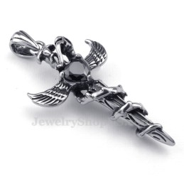 Colar Com Pingente De Cruz De Titânio Com Asas De Espada De Zircônia Preta (Corrente Grátis)