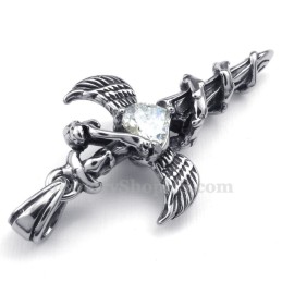 Colar Com Pingente De Cruz De Titânio Com Asas De Espada De Zircônia Branca (Corrente Grátis)