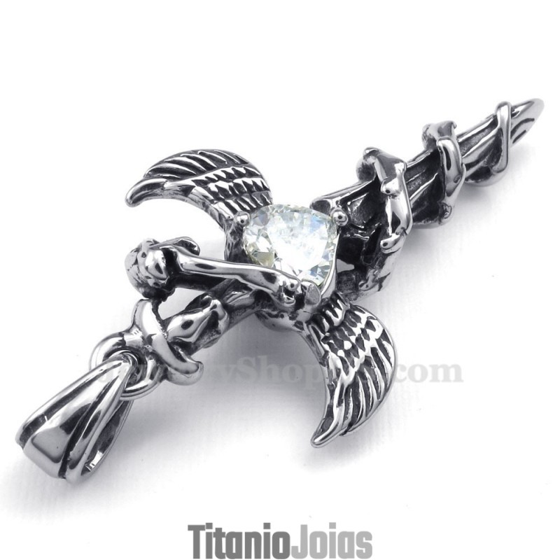 Colar Com Pingente De Cruz De Titânio Com Asas De Espada De Zircônia Branca (Corrente Grátis)