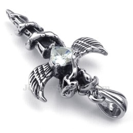 Colar Com Pingente De Cruz De Titânio Com Asas De Espada De Zircônia Branca (Corrente Grátis)