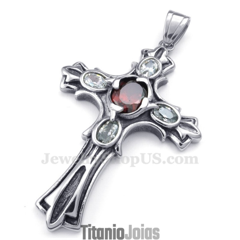 Colar Com Pingente De Cruz De Titânio E Zircônia Vermelha (Corrente Grátis) Colar Com Pingente De Cruz De Titânio E Zircônia Vermelha (Corrente Grátis)