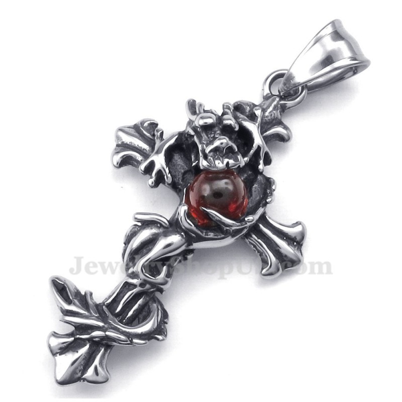 Colar Com Pingente De Cruz De Titânio Com Contas Vermelhas De Dragão (Corrente Grátis) Colar Com Pingente De Cruz De Titânio Com Contas Vermelhas De Dragão (Corrente Grátis)