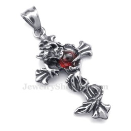 Colar Com Pingente De Cruz De Titânio Com Contas Vermelhas De Dragão (Corrente Grátis)