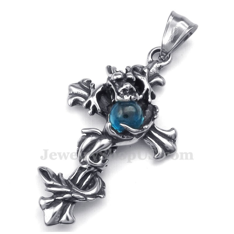 Colar Com Pingente De Cruz De Titânio Com Contas Azuis De Dragão (Corrente Grátis) Colar Com Pingente De Cruz De Titânio Com Contas Azuis De Dragão (Corrente Grátis)