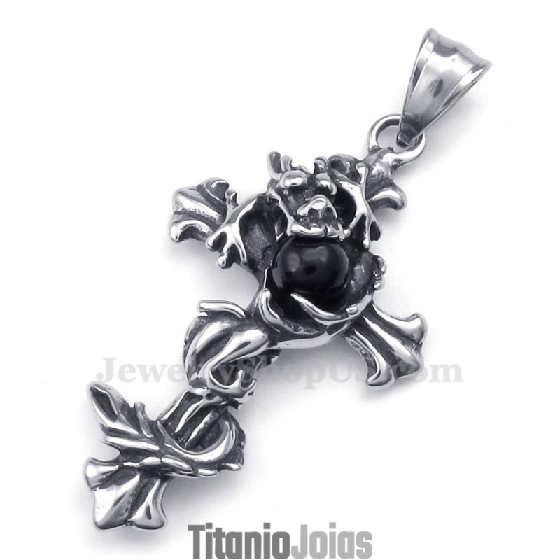 Colar Com Pingente De Cruz De Titânio Com Contas Pretas De Dragão (Corrente Grátis) Colar Com Pingente De Cruz De Titânio Com Contas Pretas De Dragão (Corrente Grátis)