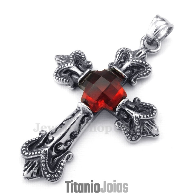 Colar Com Pingente De Cruz De Zircônia Vermelha De Titânio (Corrente Grátis) Colar Com Pingente De Cruz De Zircônia Vermelha De Titânio (Corrente Grátis)