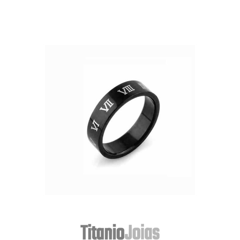 Anel Masculino De Titânio Preto De 6 Mm Com Algarismos Romanos Anel Masculino De Titânio Preto De 6 Mm Com Algarismos Romanos